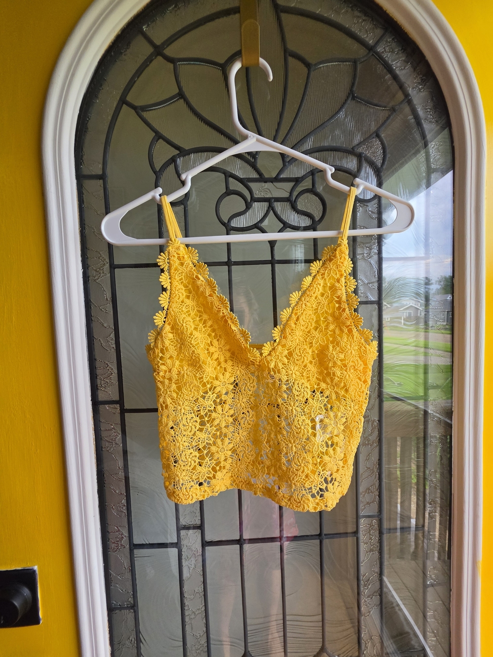 Yellow Floral Lace Crop Cami Top